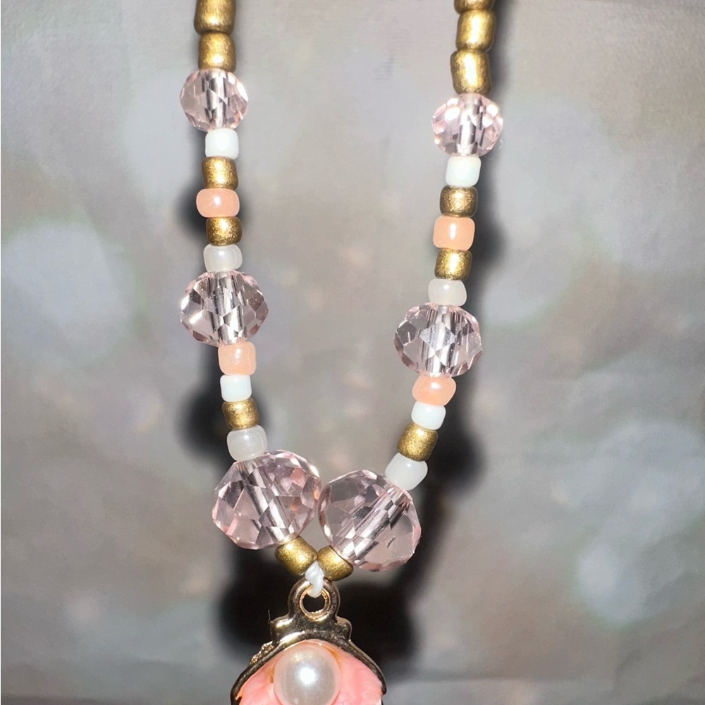 Handmade Elegant Pink & Gold Beaded Necklace made with strong string 19 Inches